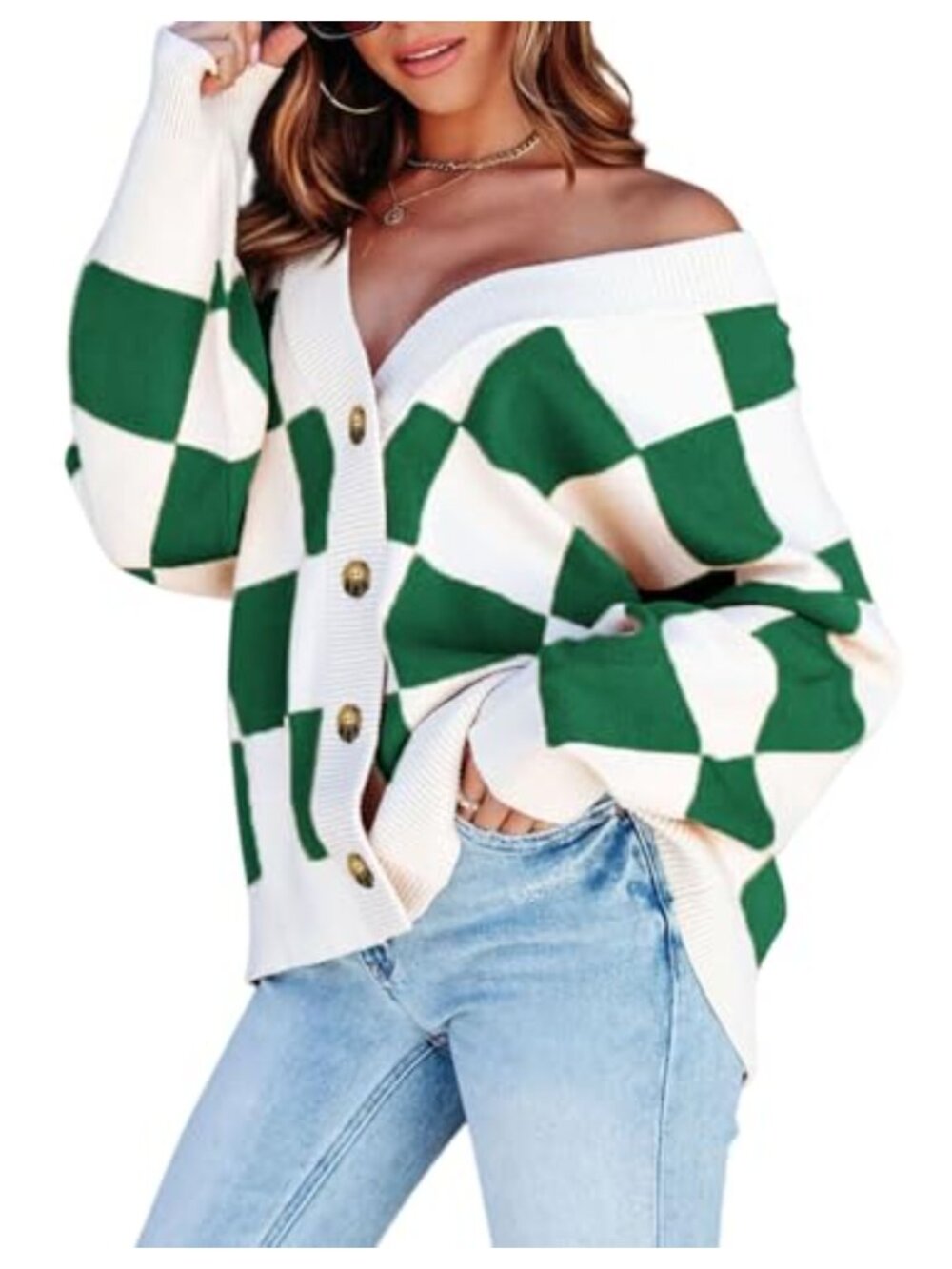 Womens Plaid V Neck Button Down Cable Knit Oversized Cardigan